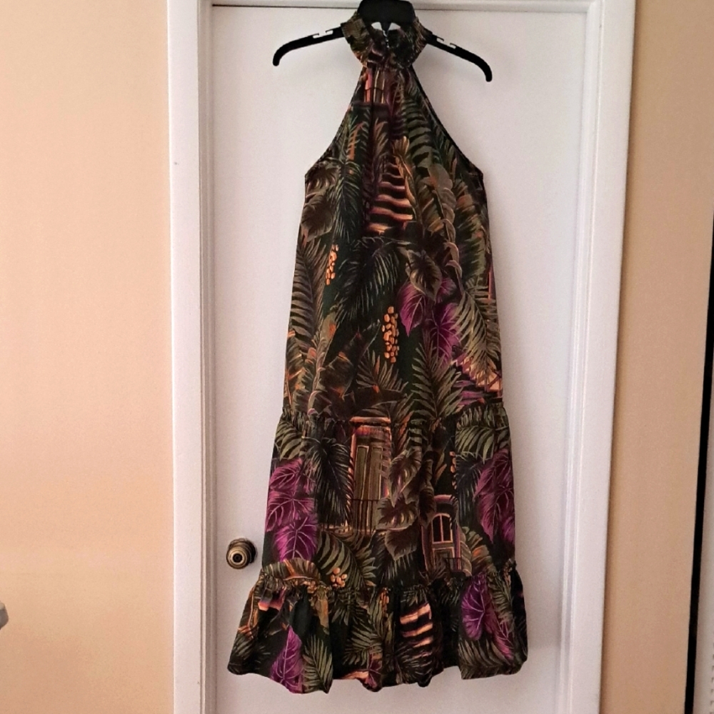 Farm Rio maxi Halter Dress Tropical Print 100% Cotton Sz M. EUC